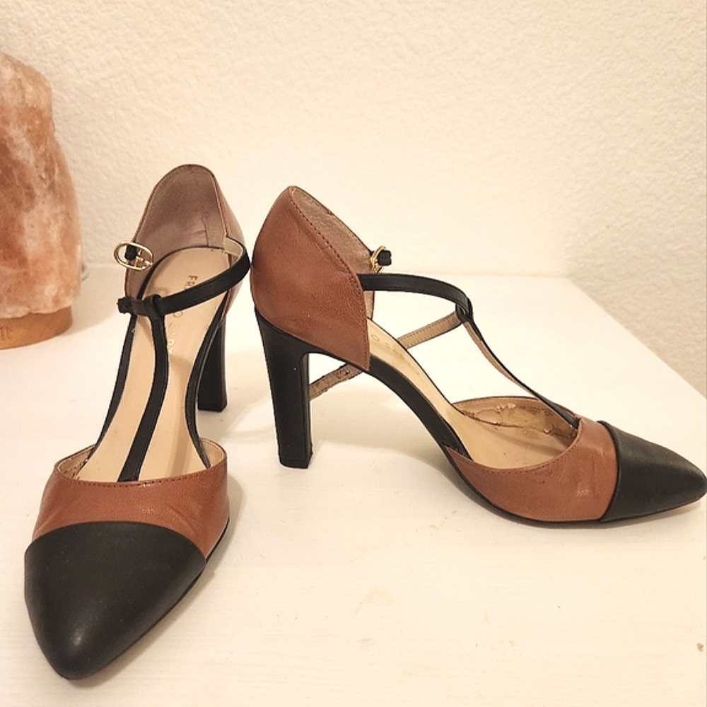 Franco Sarto Black and Brown T-Strap Heels